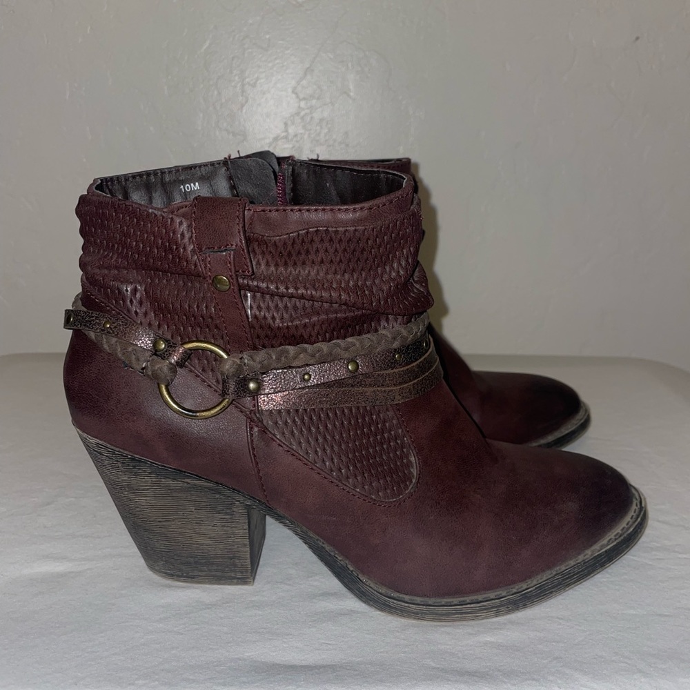 Reddish-brown, faux, leather heel boot. With beaded straps. Super cute!